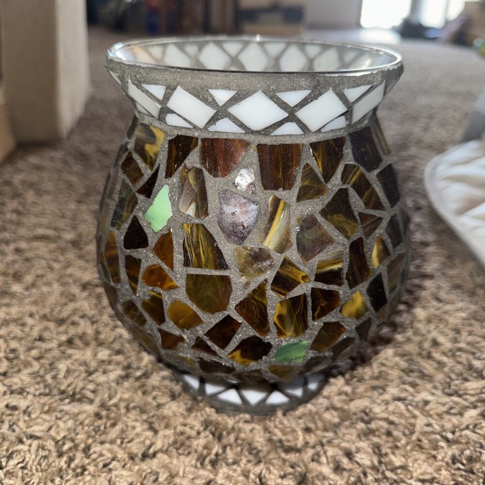 Home Interiors mosaic candle Holder Brown And White. GORGEOUS